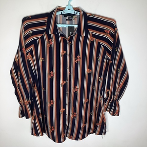 Miss Me Womens LS Button Up Blue and Brown‎ Striped Floral Shirt Sz XL NWT.